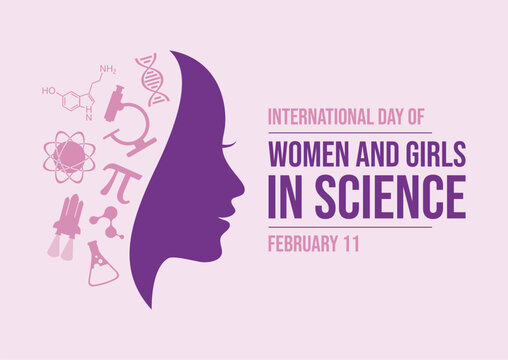 International Day of Women and Girls in Science poster vector illustration. Female scientist icon set. Woman face in profile purple silhouette. Template for banner, card, poster. February 11