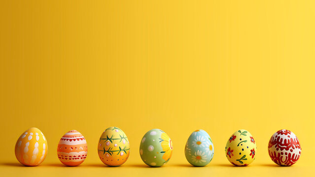 A row of colouful painted Easter eggs against  ayellow background. Easter / spring theme with copy space for text