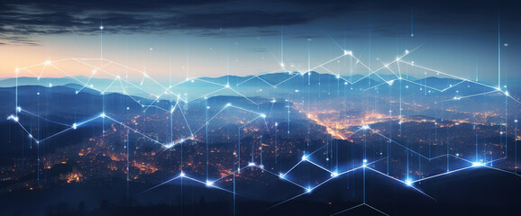 A cityscape at night with glowing, interconnected lines representing a network or data connections, digital city landscape