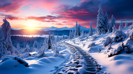 Fantastic winter landscape with snow covered trees. Colorful sunset over mountain river. Generative AI technology.