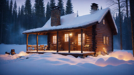 a log cabin in the middle of a snowy forest