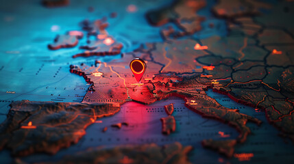 A glowing red marker stands out on the digital map, marking a digital map