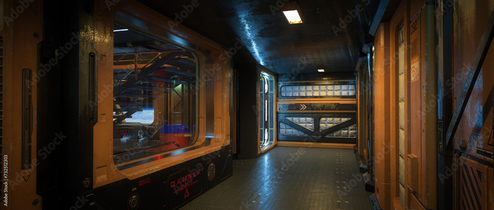 Poster corridor in a futuristic sci-fi fantasy space ship in orbit around a remote planet. cinematic wide 3