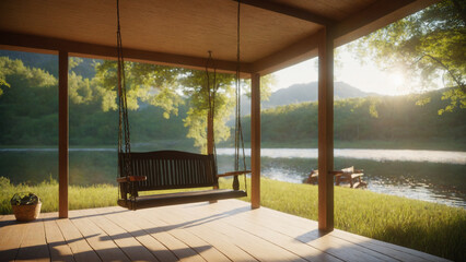 a porch with a swing and a lake in the background