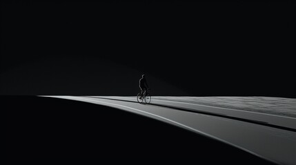 The artistic representation of a bicycle's shadow elongated on an empty road, capturing the essence of solitude and motion.