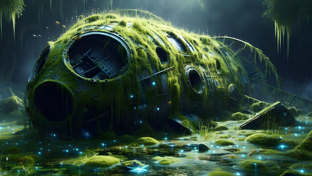 Derelict Spaceship Submerged in Alien Swamp with Luminescent Life and Forgotten Civilization Remnants
