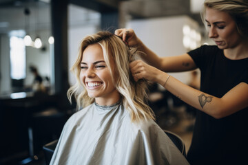Young female hairdresser fixing hair of gorgeous smiling woman with hairspray. Hairdress and beauty concept