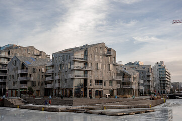 Obraz premium Gray modern building. Scandinavian style. Modern city. Residential complex