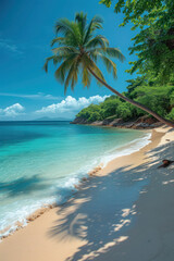 Palm-fringed Tropical Beach by the Crystal Clear Ocean under a Blue Sky – a Perfect Vacation Getaway