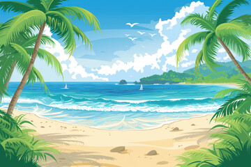 Fototapeta na wymiar Beach with palm trees. Perfect vacation spot. Background illustration. Created with Generative AI technology