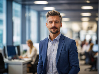 Fototapeta premium Portrait of confident businessman standing in office with colleagues in the background
