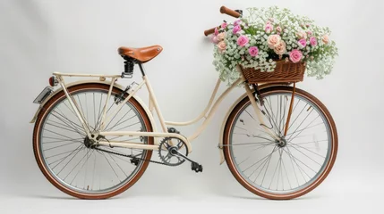 Fotobehang Vintage Red Bicycle Adorned with Flowers, Isolated on White Background – Retro Cycling Illustration © Jeeraphat