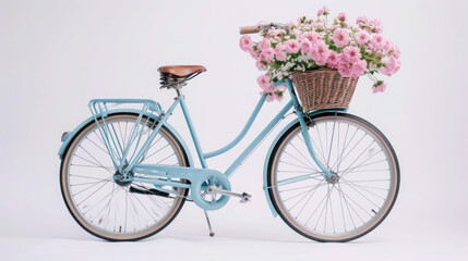 Bicycle with vintage charm and vibrant flowers, parked on a quaint street, capturing the essence of cycling and travel