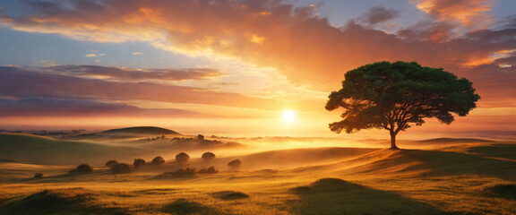 Sunset in Tuscany, Italy. Rural landscape at springtime.