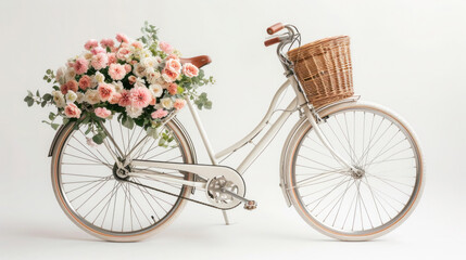 Fototapeta na wymiar Vintage bicycle adorned with flowers parked on a charming street, showcasing a perfect blend of retro design and cycling elegance
