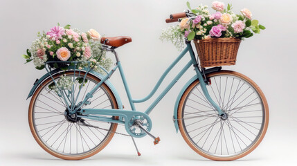 Vintage bicycle with flowers in basket, isolated on white background - Retro bike illustration for cycling and travel enthusiasts