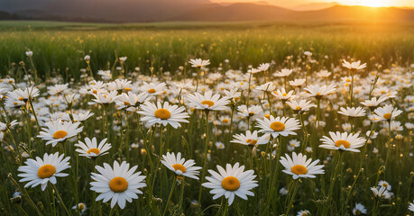 White daisies on the meadow at sunset. Beautiful summer landscape.