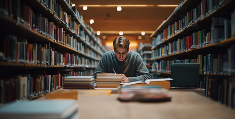 student in library, a focus and determination of a student studying in a modern library, surrounded...