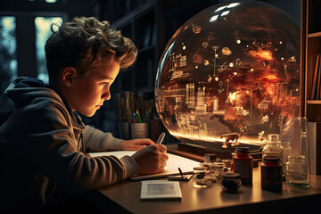 Young boy sits at beautifully adorned desk, pen in hand, intensely focused as he writes in front of captivating crystal ball - obrazy, fototapety, plakaty