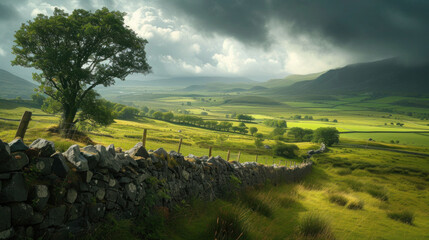 Morning in the countryside: A peaceful landscape with green meadows, rolling hills, and distant mountains under a blue sky with fluffy clouds.