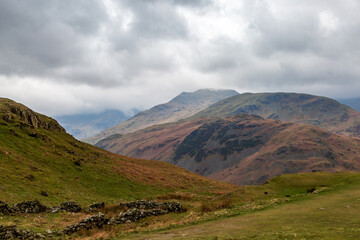 Fototapeta na wymiar A view of mountains in the Lake District on an overcast April day