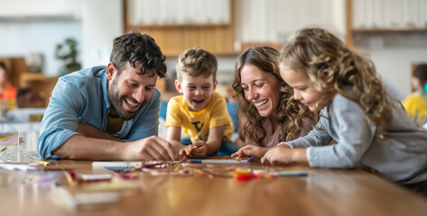 Fototapeta premium a the joy and spontaneity of a family game night, with parents and children engaged in board games and laughter photography
