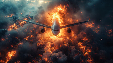 Illustration of a burning plane flying high in the sky, tragedy in the sky, dark sky, people in danger.