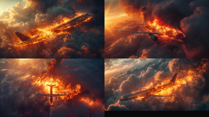 Illustration of a burning plane flying high in the sky, tragedy in the sky, dark sky, people in danger.