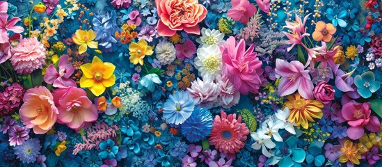 A vibrant assortment of flowers in various hues, like roses and other flowering plants, bloom against a stunning electric blue backdrop of the garden.