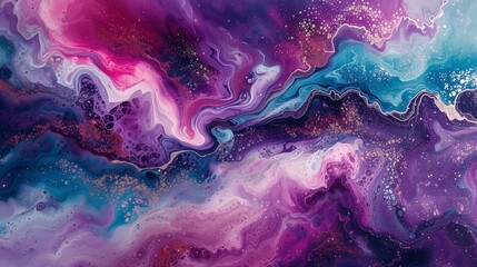 Dynamic ribbons of electric magenta, cosmic teal, and glittering silver come together in a frenzied dance on a pristine marble canvas to produce a bold and appealing creative expression. 

 - obrazy, fototapety, plakaty