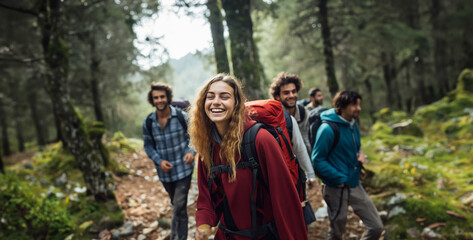 Naklejka premium hikers in the woods, a shot of a group of friends hiking in nature, with backpacks and smiles, capturing the spirit of adventure and outdoor camaraderie photograph