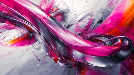 Bold and compelling abstract expression created by dynamic ribbons of electric magenta, cosmic teal, and shining silver meeting in a frenetic dance on an immaculate marble canvas. 
