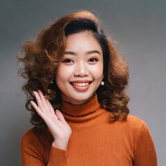 Portrait of a happy Asian woman feeling happy with a genuine smile wearing a cute orange shirt. Cheerful, charming, close-up of a smiling young woman wearing an orange shirt