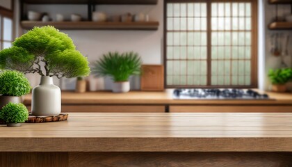 Japanese style kitchen interior, Japanese style interior of a home with a background of a frame, Bright modern Japanese style kitchen interior design idea. With wood and stone and a zen atmosphere
