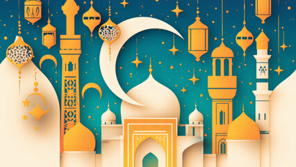 ramadan kareem paper cut illustration background. islamic lantern for eid mubarak greeting banner cover card