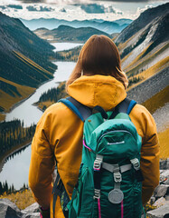 From behind a vintage style traveler girl with a tourist backpack looks at a beautiful view of mountains and forest, Rear view shot of smiling woman with backpack going on a camping