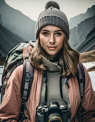 Outdoor photo of a beautiful confident woman in nature, carrying a camera, hiking in the mountains, Close-up shot of female hiker hiking, Hiker wearing backpack, smiling, portrait