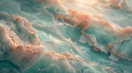 On a rough marble slab, shimmering pools of liquid silver, airy turquoise, and rose quartz come together in a seamless dance to create a calm and entrancing abstract scene. 
 - obrazy, fototapety, plakaty