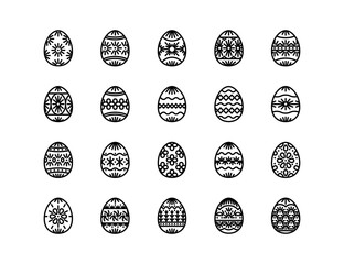 Easter egg design icon set with adjustable vector line weight including various patterns, designs