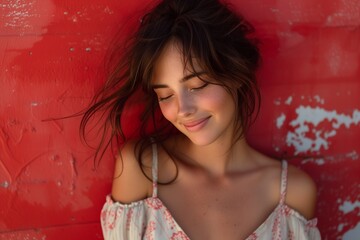 Woman Gazing Down with Joy against Vibrant Red Background