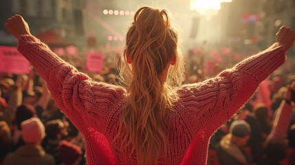 Pink Power: A Woman's Voice in a Crowd of Protesters Generative AI - obrazy, fototapety, plakaty