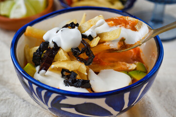 メキシコのスープ　ソパ・デ・トルティージャ（ソパ・アステカ）コピースペースあり
 Mexican soup　Sopa de Tortilla (Sopa Azteca）with copy space
