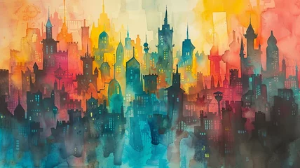 Foto auf gebürstetem Alu-Dibond Aquarellmalerei Wolkenkratzer watercolor painting, image of a city created by artificial intelligence