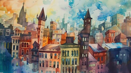 watercolor painting, image of a city created by artificial intelligence