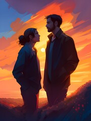couple at sea, mountains at sunset