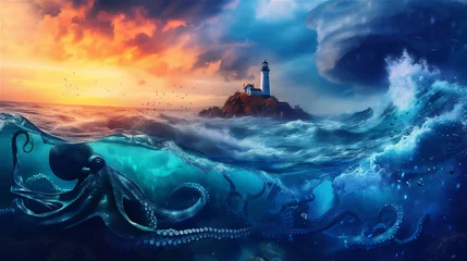 lighthouse in the sea and the giant octopus under water © Maizal