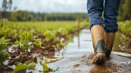 Farmer in flooded field