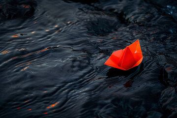 Red paper boat sailing on water with waves and ripples.