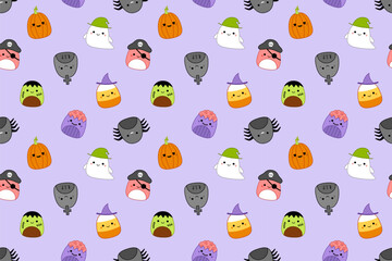 Fototapeta premium Halloween pattern with squishmallow tomb, ghost, pirate, zombie, candy corn, spider. Kawaii, Vector