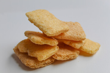 Rice crackers with powder flavoring, isolated on white background